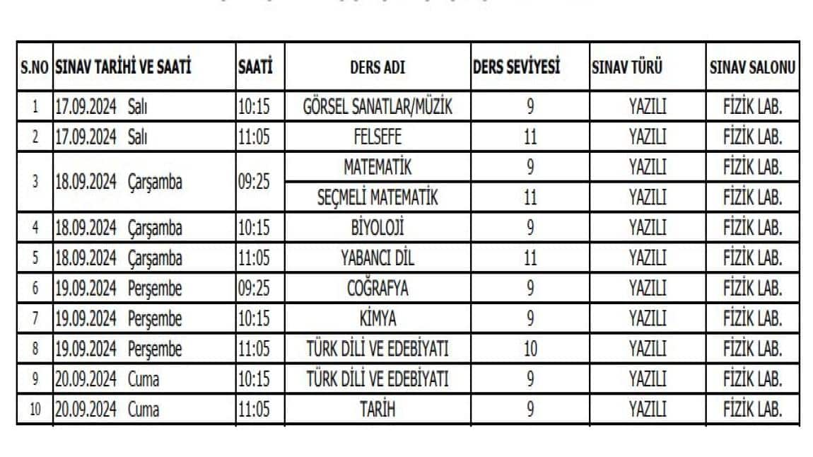 2024-2025 EYLÜL DÖNEMİ SORUMLULUK SINAV PROGRAMI